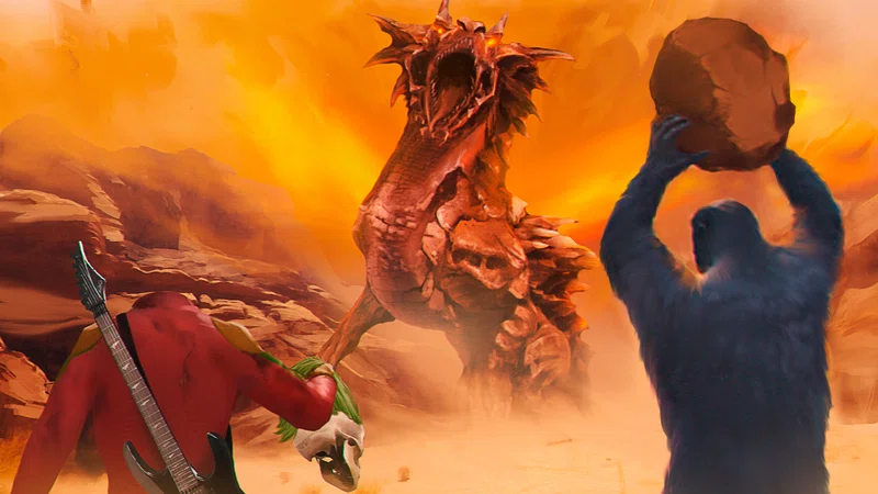 An orange desert battle: a red-clad hero with a guitar-shaped weapon, a towering armoured beast, and a blue ape lifting a boulder overhead