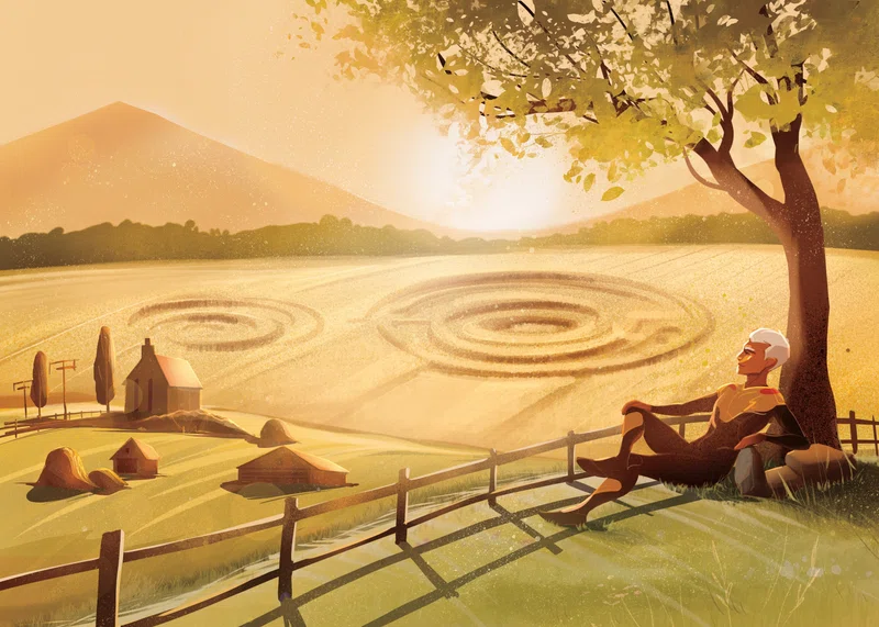 A hero dozing against a fence under a tree at sunset, crop circles pressed into the wheat field beyond