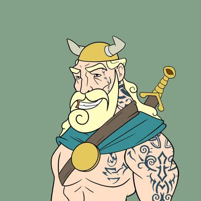 Kjell wearing a gold horned helmet against a grey-green background