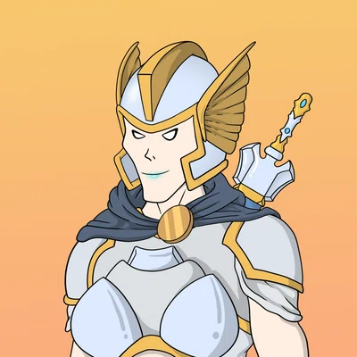 Knight in white and gold winged armour holding an ornate sword against an orange background