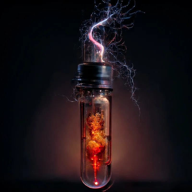 A sealed glass vial in near darkness holding a glowing orange-red mass, with electrical arcs crawling from its cap