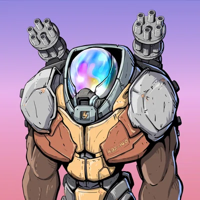 Armoured figure with an iridescent domed visor and twin rotary cannons raised on its shoulders