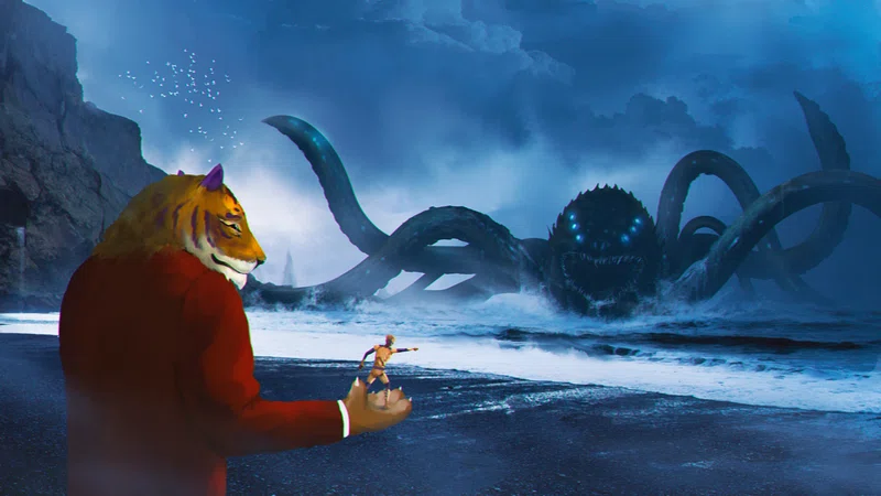 A tiger-headed figure in a red suit stands on a black beach facing a vast tentacled sea monster with glowing eyes