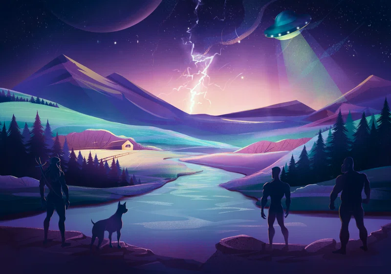A purple and teal night valley with a UFO casting a beam of light, lightning over the mountains, and three silhouetted figures with a dog by a river