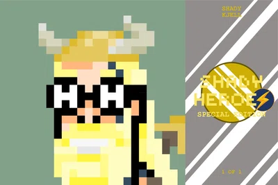 Pixel-art Kjell in dark glasses beside a Shady Heroes Special Edition badge marked 1 of 1