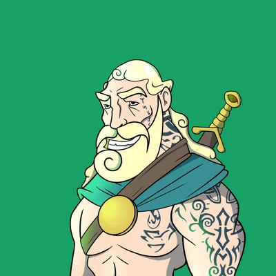 Kjell bare-headed with blond braids and tattooed shoulders on a green background