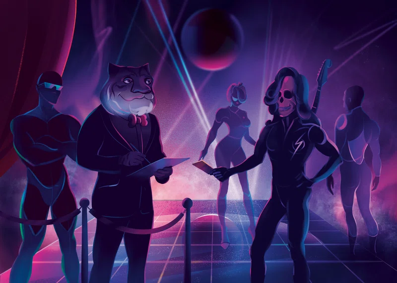 A neon-lit night scene: a wolf in a tuxedo holding a clipboard at a velvet rope, a skeleton-faced figure in black beside him
