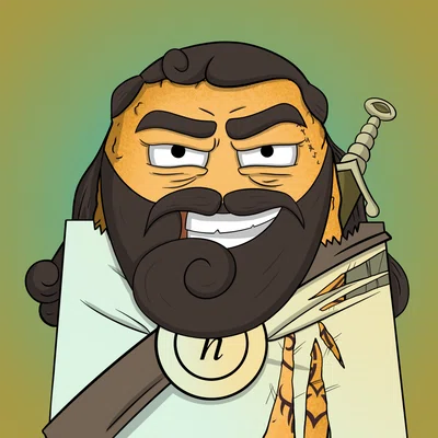 Dark-haired HBARbarian Kjell redrawn in the Hash Brown cartoon style