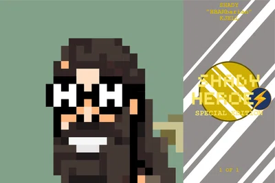 Pixel-art HBARbarian Kjell in dark glasses beside a Shady Heroes Special Edition badge marked 1 of 1